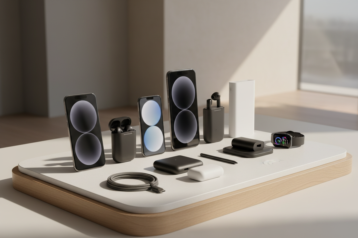 صورة جانبية بتصميم عصري واحترافي تعكس هوية متجر إلكترونيات حديث، تُظهر مجموعة من الأجهزة والإكسسوارات التقنية مثل الهواتف الذكية، السماعات اللاسلكية، الشواحن، والملحقات الرقمية مرتبة بدقة على خلفية نظيفة وأنيقة. الإضاءة ناعمة ومتوازنة لإبراز التفاصيل ومنح إحساس بالجودة والموثوقية، مما يجعل الصورة مكملة للأيقونة وتعزز الانطباع الأول للمتجر بشكل جذاب واحترافي