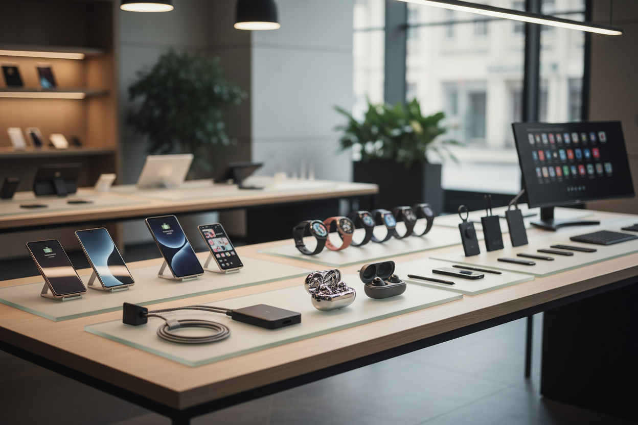 صورة جانبية مريحة بصريًا تُظهر تشكيلة متنوعة من المنتجات الإلكترونية داخل مساحة عرض عصرية، تشمل هواتف ذكية، سماعات لاسلكية، شواحن، ساعات ذكية، إكسسوارات تقنية، وأدوات ذكية للاستخدام اليومي، مرتبة بأسلوب أنيق وغير مزدحم. الإضاءة الدافئة والمتوازنة تعكس إحساسًا بالثقة والجودة، وتبرز تنوع الخيارات المتاحة في المتجر، مما يشجع الزائر على الاستكشاف ويجعل الصورة عنصرًا بصريًا مثاليًا بجانب الأيقونة.